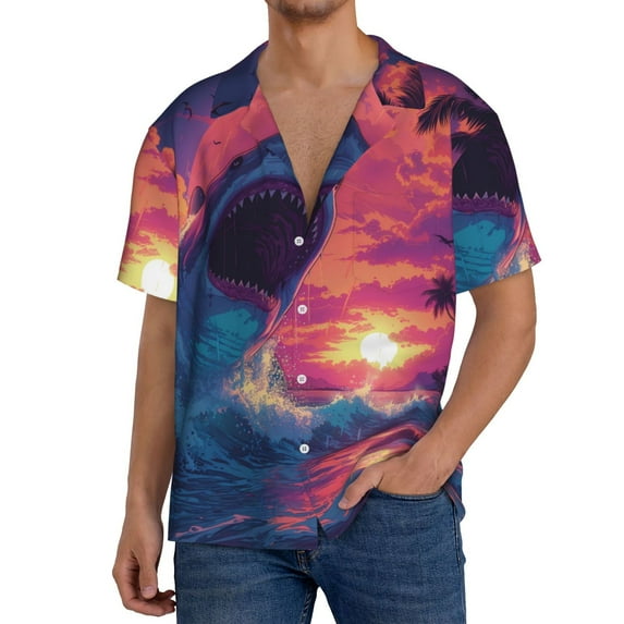 Daiia Hawaiian Island Beach Shark Men's Linen Shirts Short Sleeve Casual Shirts Button Down Shirt for Men Beach Summer Wedding Shirt-Small