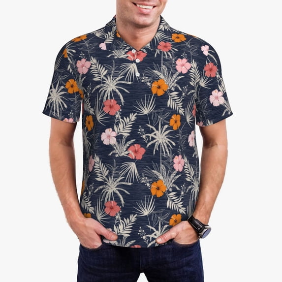 Daiia Hawaiian Style Pattern Men’s Polo Shirts,Solid Deck Shirt,Classic Fit, Breathable Cotton Polo for Casual and Sport Wear-Large