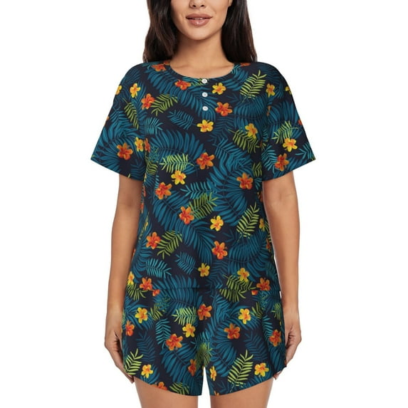 Daiia Hawaiian Style Pattern Womens Pajama Sets Short Sleeve Pajamas for Women Sets Soft Lounge Sets Casual Round Neck Sleepwear PJS-Small