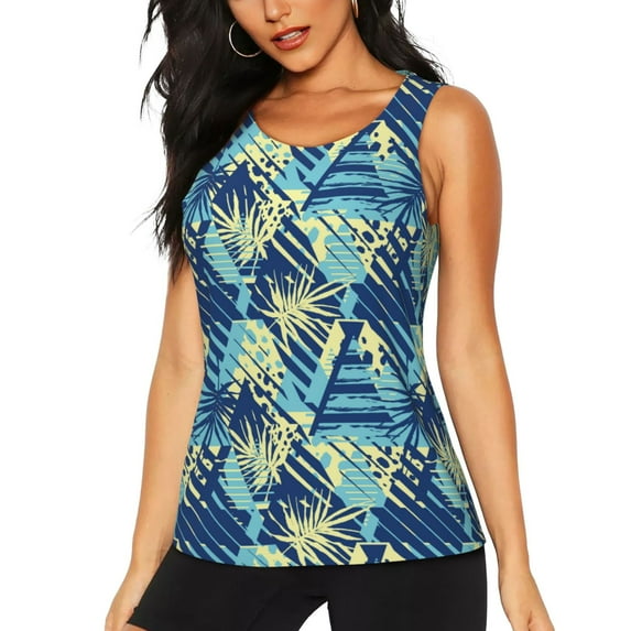 Daiia Hawaiian Style Printed Womens Workout Tops for Women Quick-dry Tank Tops Mesh Yoga Shirts Athletic Running Tank Tops Sleeveless Gym Clothes-Large