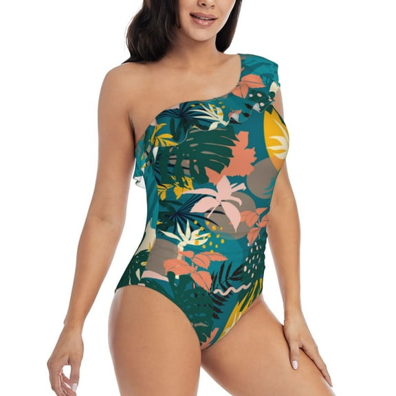 Daiia Hawaiian Style Women's One Piece Swimsuits Personalized One Shoulder Swimwear Asymmetric Ruffle Bathing Suits-Large