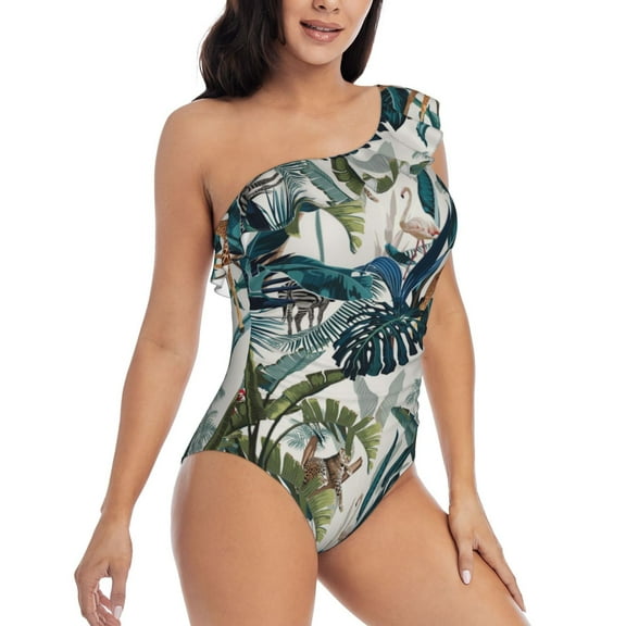 Daiia Hawaiian Style Women's One Piece Swimsuits Personalized One Shoulder Swimwear Asymmetric Ruffle Bathing Suits-Small