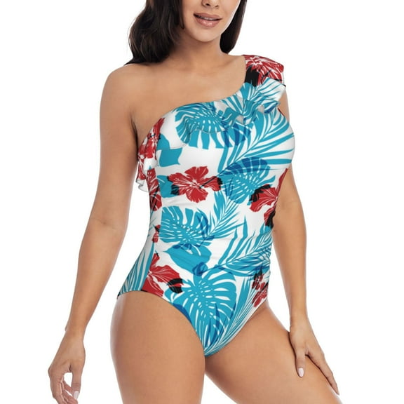 Daiia Hawaiian Style Women's One Piece Swimsuits Personalized One Shoulder Swimwear Asymmetric Ruffle Bathing Suits-XX-Large
