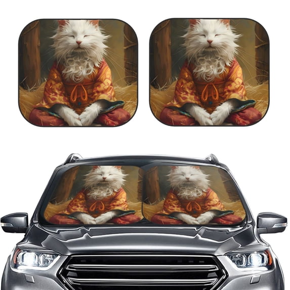 Daiia Haystack Meditating Cat 2PCS Car Windshield Sun Shade, Foldable Sun Shield for Car Front Window, Auto Sun Blocker Visor Protector Universal for Truck SUV Pickup-Medium