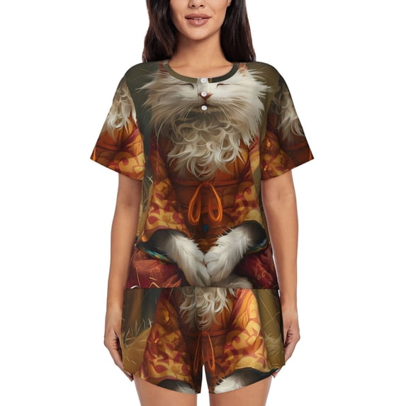 Daiia Haystack Meditating Cat Pattern Womens Pajama Sets Short Sleeve Pajamas for Women Sets Soft Lounge Sets Casual Round Neck Sleepwear PJS-X-Large