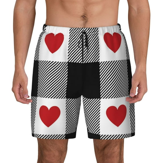 Daiia Heart Black Buffalo Plaid Gingham Mens Swim Trunks Swim Shorts Quick Dry Swim Shorts with Mesh Lining Pockets-Medium