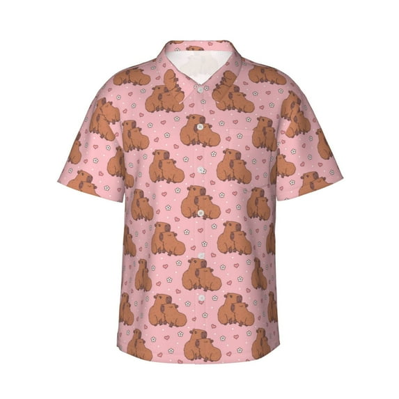 Daiia Heart Capybara Hawaiian Shirt for Men Gentle Cotton Regular Short Sleeve Casual-X-Large