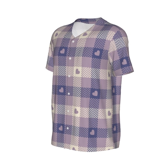 Daiia Heart Check Plaid Mens Baseball Jersey Button Down Shirts Short Sleeve Sports Uniforms-Small