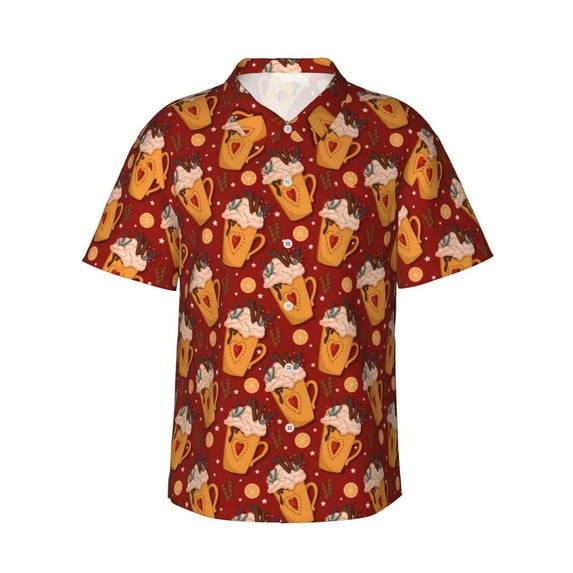 Daiia Heart Christmas Hot Cocoa Hawaiian Shirt for Men Gentle Cotton Regular Short Sleeve Casual-Small
