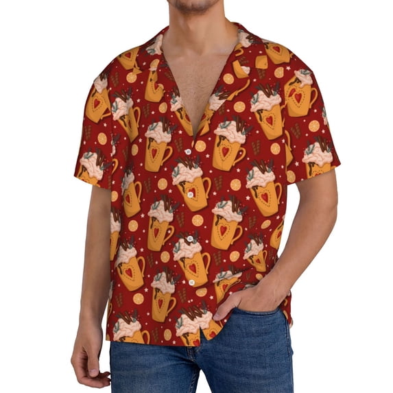 Daiia Heart Christmas Hot Cocoa Men's Linen Shirts Short Sleeve Casual Shirts Button Down Shirt for Men Beach Summer Wedding Shirt-X-Large
