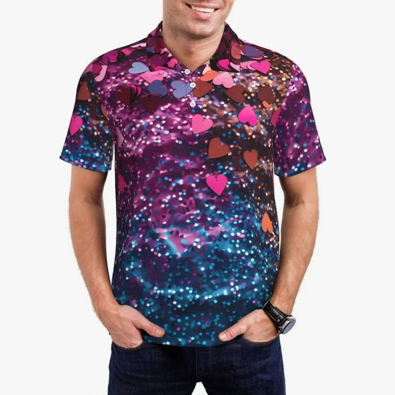 Daiia Heart Confetti on Glitter Pattern Men’s Polo Shirts,Solid Deck Shirt,Classic Fit, Breathable Cotton Polo for Casual and Sport Wear-4X-Large