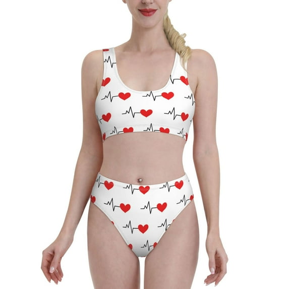 Daiia Heartbeat Symbol printed 2 piece Swimsuit Bikinis for Women High Waisted Racerback Bathing Suits Summer Tummy Control Scoop Neck Swimwear-XX-Large