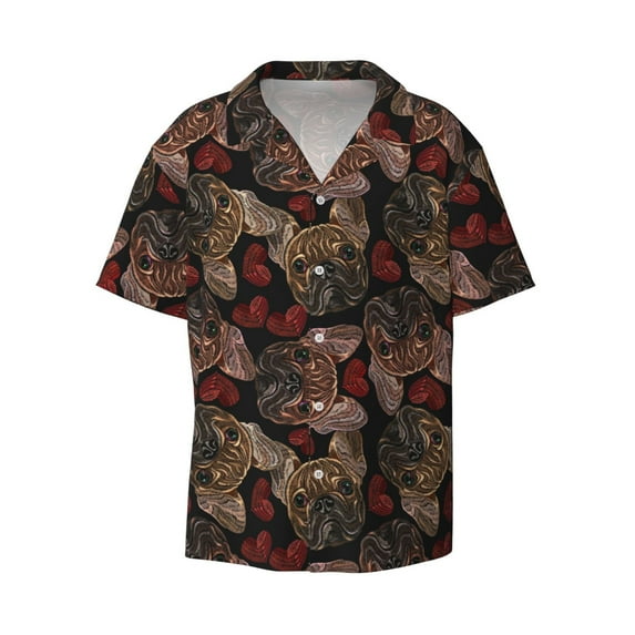 Daiia Hearts and French Bulldog Men's Linen Shirts Short Sleeve Casual Shirts Button Down Shirt for Men Beach Summer Wedding Shirt-X-Large