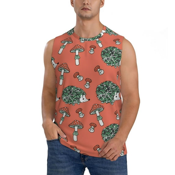 Daiia Hedgehog Mushroom Printed Men's Tank Tops,Casual Soft Sleeveless Gym Muscle Shirts Bodybuilding Tee-XX-Large