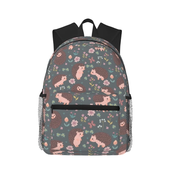 Daiia Hedgehogs and Flowers1 School Backpack for Men Women, Unisex Large Waterproof Bookbag Schoolbag Casual Daypack for High School/College/Teens/Travel/Work Black