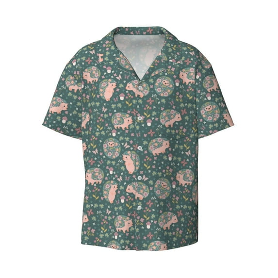 Daiia Hedgehogs and Flowers Men's Linen Shirts Short Sleeve Casual Shirts Button Down Shirt for Men Beach Summer Wedding Shirt-XX-Large