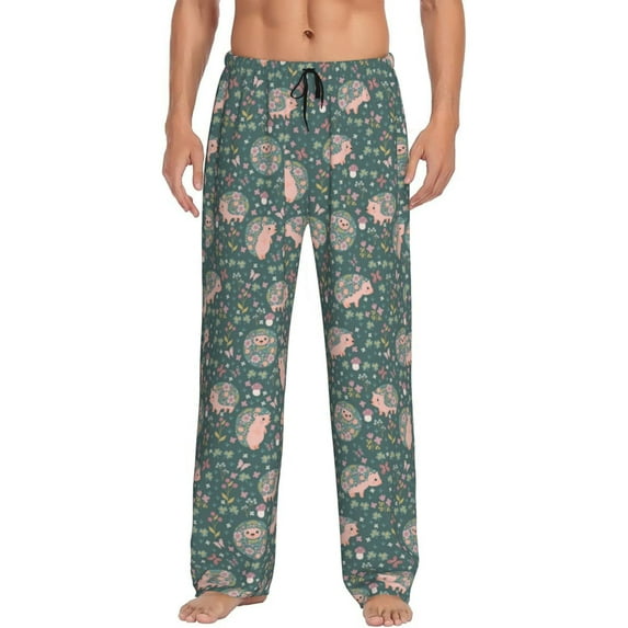 Daiia Hedgehogs and Flowers Men's Sleep Pant with Pockets and Drawstring,Pajama Pants-Small