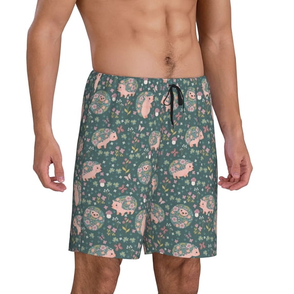 Daiia Hedgehogs and Flowers Mens Woven Stretch Pajama Short,Short Pajama Pants-Large