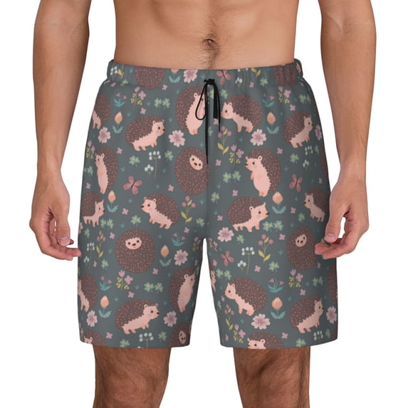 Daiia Hedgehogs and Flowers1 Mens Swim Trunks Swim Shorts Quick Dry Swim Shorts with Mesh Lining Pockets-X-Large
