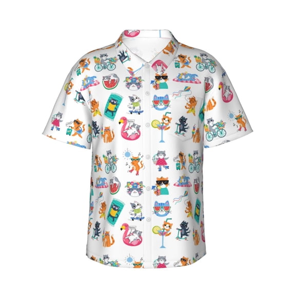 Daiia Hello Summer Cat Hawaiian Shirt for Men Gentle Cotton Regular Short Sleeve Casual-3X-Large