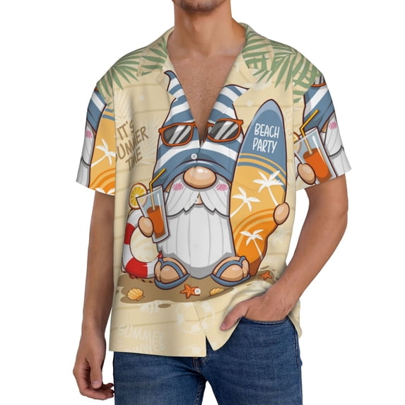 Daiia Hello Summer Cute Gnome Men's Linen Shirts Short Sleeve Casual Shirts Button Down Shirt for Men Beach Summer Wedding Shirt-Medium