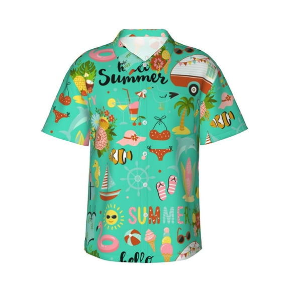 Daiia Hello Summer Hawaiian Shirt for Men Gentle Cotton Regular Short Sleeve Casual-Small