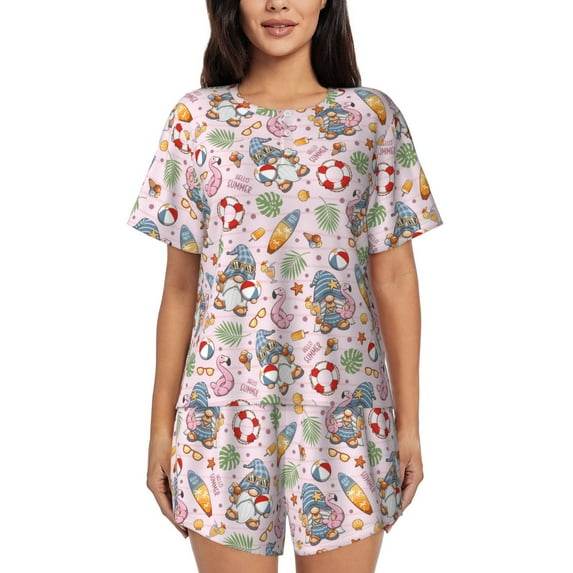 Daiia Hello Summer With Gnome Pattern Womens Pajama Sets Short Sleeve Pajamas for Women Sets Soft Lounge Sets Casual Round Neck Sleepwear PJS-XX-Large
