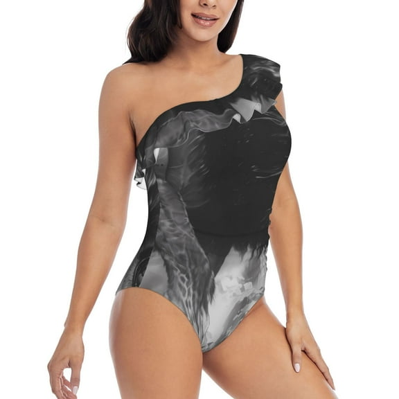Daiia Heroic Lion Encounter Women's One Piece Swimsuits Personalized One Shoulder Swimwear Asymmetric Ruffle Bathing Suits-Large