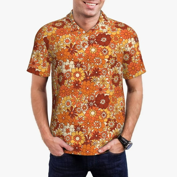 Daiia Hippie Flower Pattern Men’s Polo Shirts,Solid Deck Shirt,Classic Fit, Breathable Cotton Polo for Casual and Sport Wear-X-Large