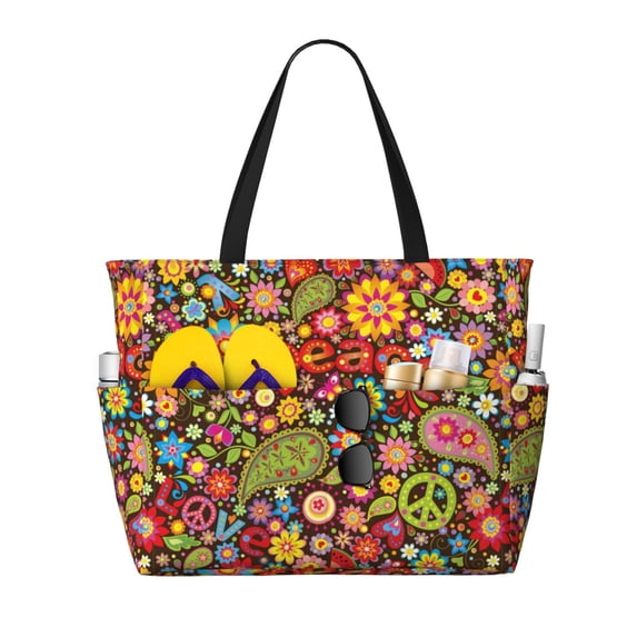 Daiia Hippie Peace Love Beach Travel Bag - Water-Resistant Beach Bag, Lightweight Tote with 7 Pockets for Women and Men - Gym,Pool,Camping,Reusable Grocery Bag