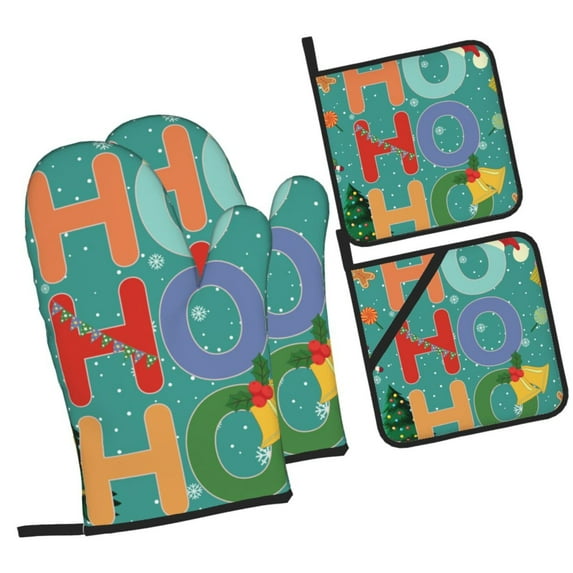 Daiia Ho Ho Ho Pattern Oven Mitts and Pot Holders 4 pcs Set,High Heat Resistant 500 Degree Extra Thicken Long Kitchen Cotton Oven Glove