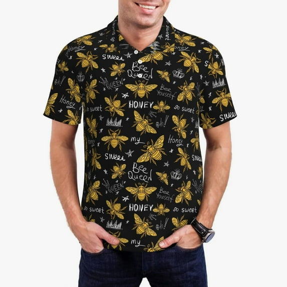Daiia Hohey Bee Golden Embroidery Pattern Men’s Polo Shirts,Solid Deck Shirt,Classic Fit, Breathable Cotton Polo for Casual and Sport Wear-Medium