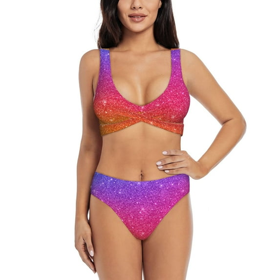 Daiia Holiday Shiny Women's Bikini Set Two Piece Swimsuit High Waisted Bikini Adjustable Straps Bikini Perfect for Beach, Pool, and Summer Vacation-Large