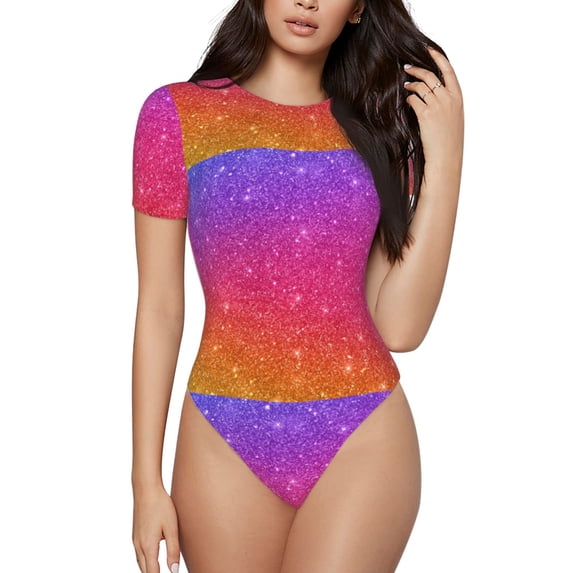 Daiia Holiday Shiny print Women's Crew Neck Short Sleeve Bodysuit Fashion Tops Fit Casual Basic Extender Bodysuit-XX-Large