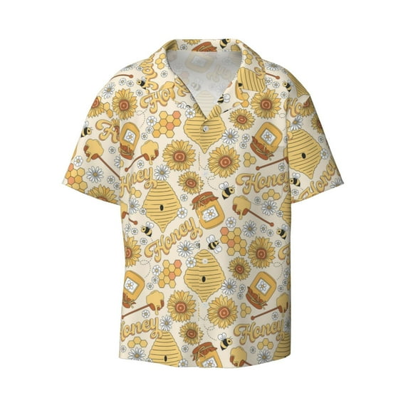 Daiia Honey Honeycomb Men's Linen Shirts Short Sleeve Casual Shirts Button Down Shirt for Men Beach Summer Wedding Shirt-Small