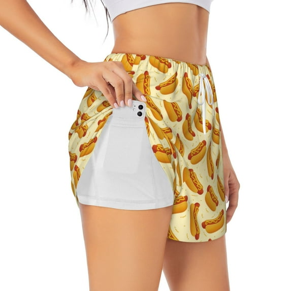 Daiia Hot Dog 3 Pattern Women's 2 in 1 Running Shorts - Lightweight Athletic Workout Gym Yoga Shorts Liner with Phone Pockets-Medium