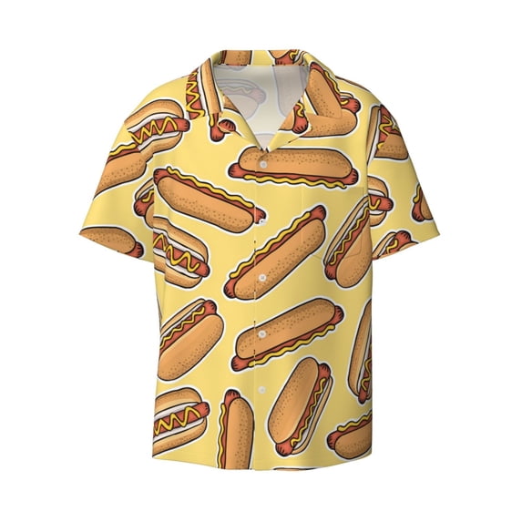 Daiia Hot Dogs Men's Linen Shirts Short Sleeve Casual Shirts Button Down Shirt for Men Beach Summer Wedding Shirt-Large