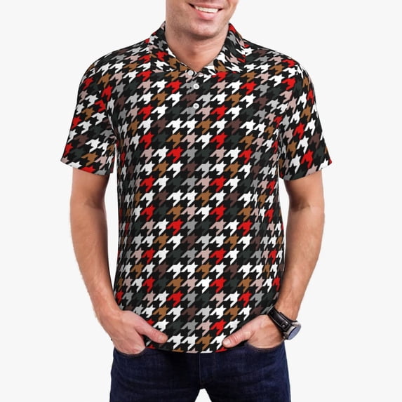 Daiia Houndstooth Green Red Pattern Men’s Polo Shirts,Solid Deck Shirt,Classic Fit, Breathable Cotton Polo for Casual and Sport Wear-3X-Large