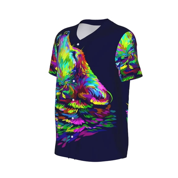 Daiia Howling Wolf Mens Baseball Jersey Button Down Shirts Short Sleeve Sports Uniforms-Large