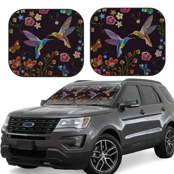 Daiia Humming Bird And Tropical Flowers Embroidery 2PCS Car Windshield Sun Shade, Foldable Sun Shield for Car Front Window, Auto Sun Blocker Visor Protector Universal for Truck SUV Pickup-Small