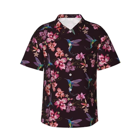 Daiia Humming Bird And Tropical Hawaiian Shirt for Men Gentle Cotton Regular Short Sleeve Casual-Large