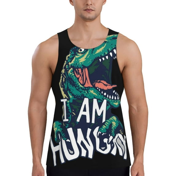 Daiia Hungry Tyrannosaurus Printed Men's Quick Dry Fit Muscle Tank Top Slim-Fit Tank Workout Tank Top Lightweight Sports Tank Top-Large