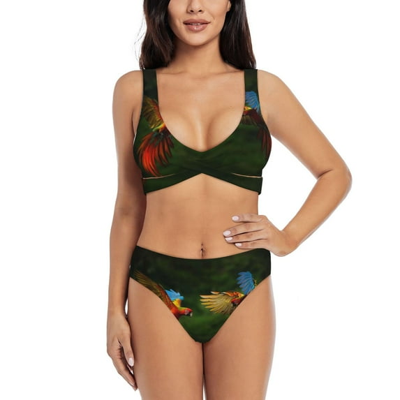 Daiia Hybrid Parrot in the Forest Women's Bikini Set Two Piece Swimsuit High Waisted Bikini Adjustable Straps Bikini Perfect for Beach, Pool, and Summer Vacation-Medium