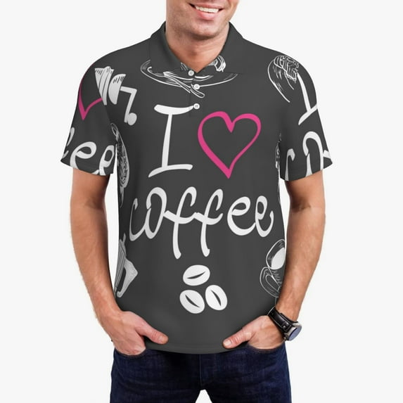 Daiia I Love Coffee Pattern Men’s Polo Shirts,Solid Deck Shirt,Classic Fit, Breathable Cotton Polo for Casual and Sport Wear-3X-Large