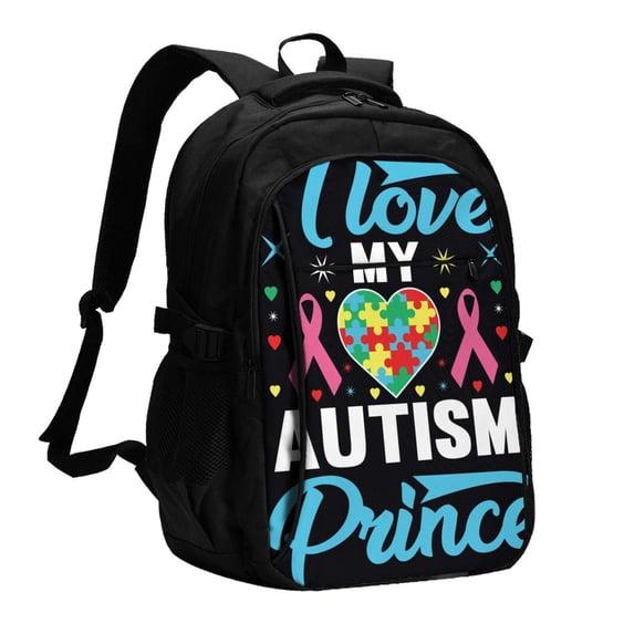 Daiia I Love My Autism Pattern USB Charging Backpack for Men and Women, Anti-Theft Backpack,Travel Backpack,School Backpack,College Backpack,Laptop Backpack