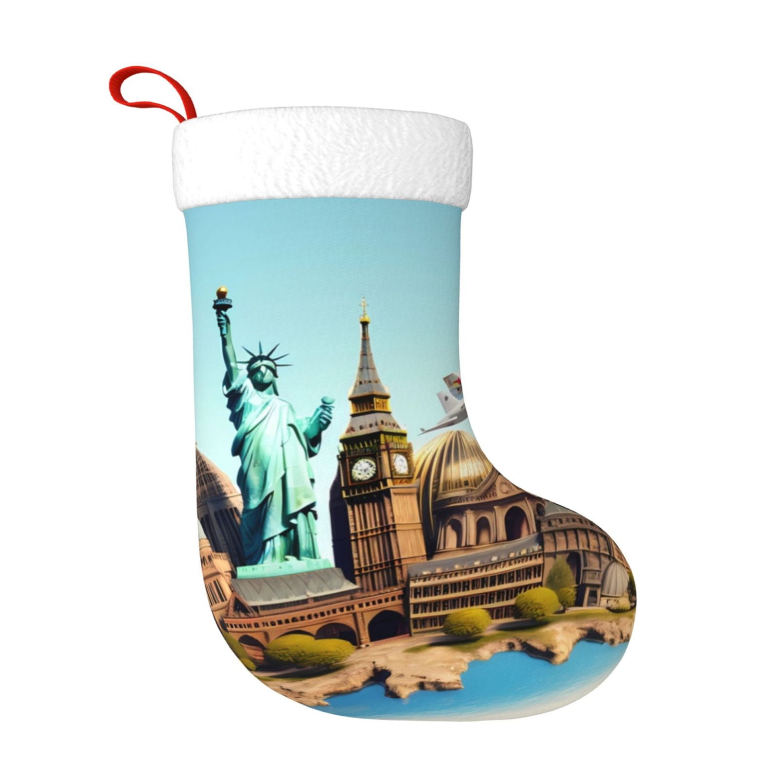Daiia Iconic Global Landmarks Print Christmas Stocking，18"Large Knitted ...
