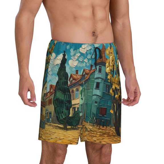 Daiia Impressionist Village Sky Mens Woven Stretch Pajama Short,Short Pajama Pants-XX-Large
