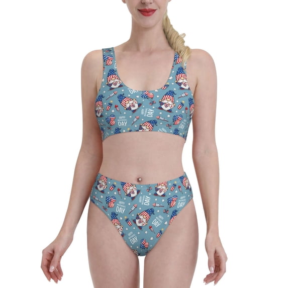 Daiia Independence With Gnome printed 2 piece Swimsuit Bikinis for Women High Waisted Racerback Bathing Suits Summer Tummy Control Scoop Neck Swimwear-Medium