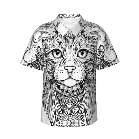 Daiia Intricate Cat Mandala Hawaiian Shirt for Men Gentle Cotton Regular Short Sleeve Casual-Medium