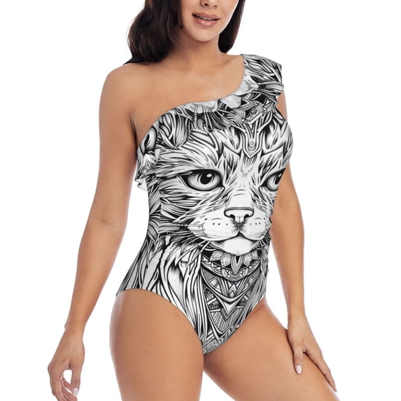 Daiia Intricate Cat Mandala Women's One Piece Swimsuits Personalized One Shoulder Swimwear Asymmetric Ruffle Bathing Suits-Medium
